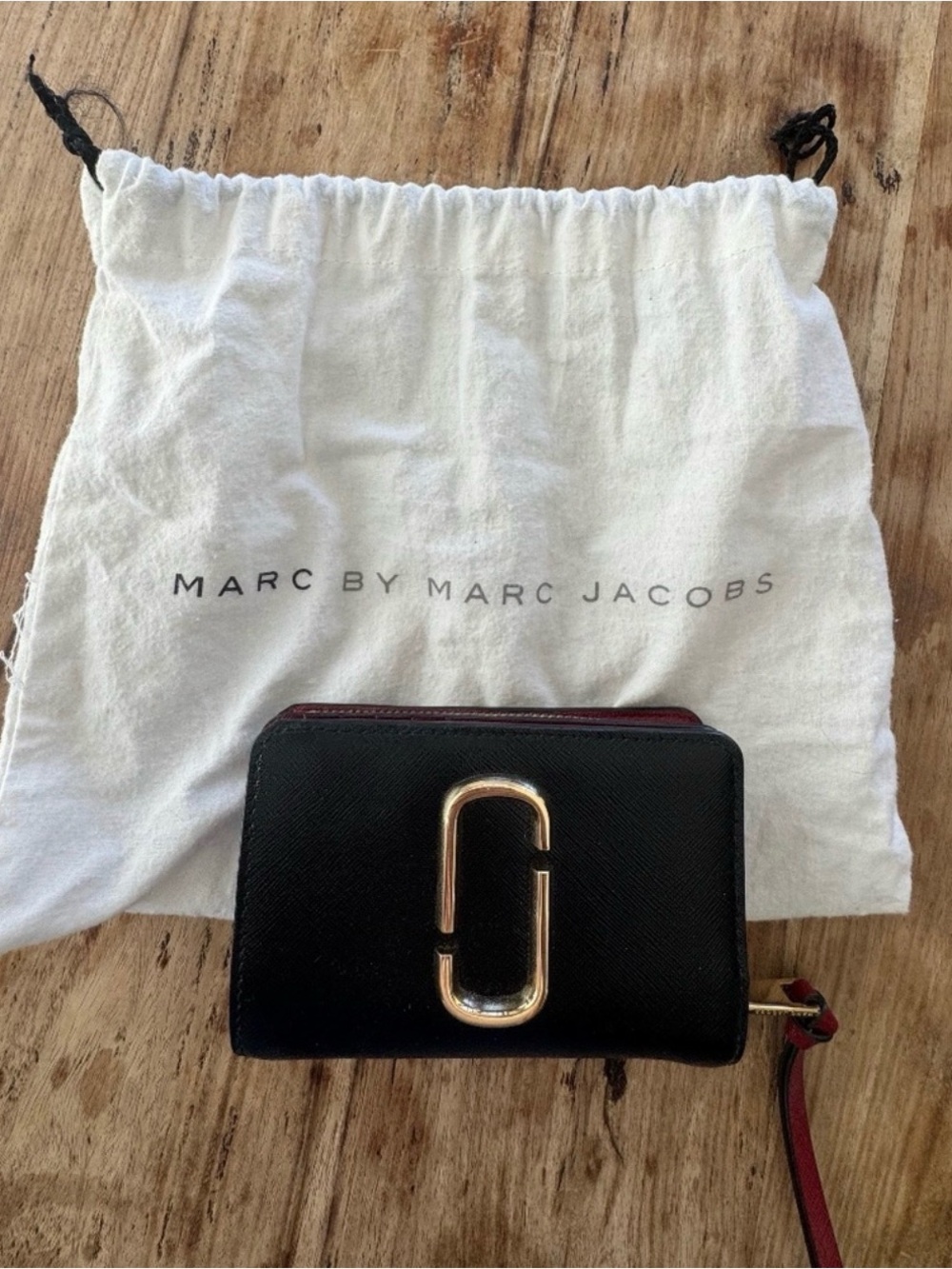 Marc by Marc Jacobs Black Wallet with Gold Hardware and Burgundy Trim